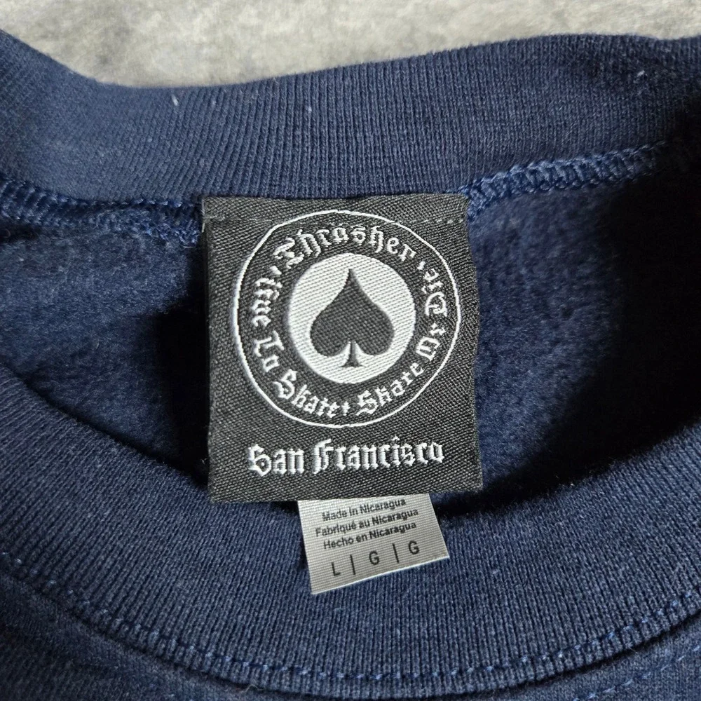 VTG Thrasher Mens Navy Blue Magazine Graphic Pullover Sweatshirt Large